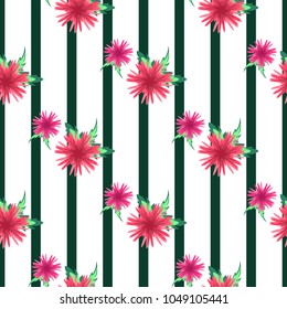 The abstract pattern with pink asters on the background of green vertical stripes. For textiles, background, Wallpaper. Vector stock.