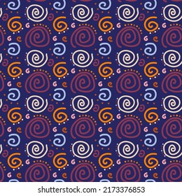 Abstract pattern of pink, orange, blue handwritten spirals and dots. Vector seamless image on a blue background.