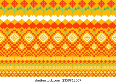Abstract pattern, pixel art, seamless floral, ikat work, geometric shapes, Indian tribal pattern, tulki, yellow, red, white for textiles, prints, rugs, cushions, bed sheets.