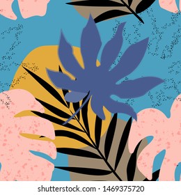 Abstract pattern with plant elements, with papaya leaves, monstera, palm leaves. Mid-century modern art