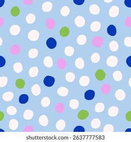 Abstract pattern, polka dot texture. Seamless playful background design with random circles, spots in modern creative style. Endless print for textile, fabric, wrapping. Flat vector illustration