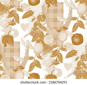  abstract pattern. Pomegranate and lemon. Green background. Fashion textiles, fabric, packaging. In style Toile de Jou.