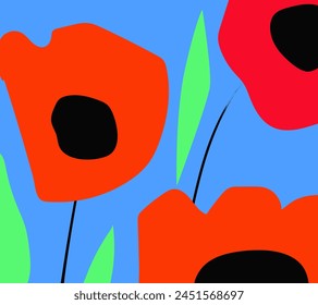 Abstract pattern with poppy flowers. Bright floral natural summer print. Vector graphics.