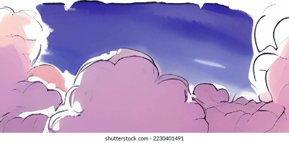 Abstract pattern with purple cartoon sky clouds painted on soft colorful background. Abstract sky background. Abstract colorful background. Natural summer landscape.