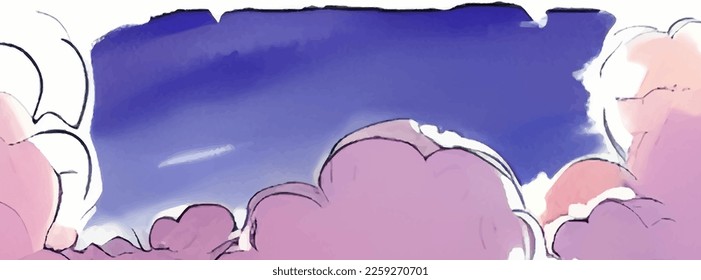 Abstract pattern with purple cartoon sky clouds painted on soft colorful background. Abstract sky background. Abstract colorful background. Natural summer landscape.
