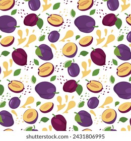 Abstract pattern with purple plums pattern in flat style. Vector background. Fresh Seamless pattern. Summer time print. For vape, juice or ice cream background. Stock-vektor
