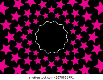 Abstract pattern of purple stars on a black background. Light pattern. Vector background with a circle for text in the center. for covers, advertising, packaging.