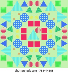 Abstract pattern of quadrangles, triangles,circles, stripes, intertwining.