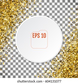 Abstract pattern of random falling 3d gold stars on transparent  background. Glitter template for banner, greeting card, Christmas and New Year card, invitation, postcard, paper packaging. Vector