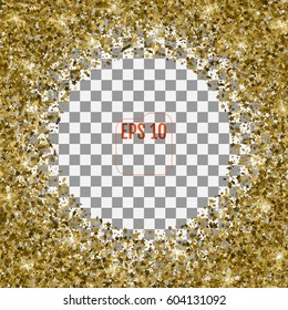 Abstract pattern of random falling 3d gold stars on transparent  background. Glitter template for banner, greeting card, Christmas and New Year card, invitation, postcard, paper packaging. Vector