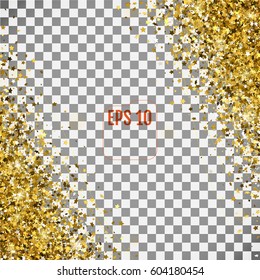 Abstract pattern of random falling 3d golden stars on transparent background. Elegant pattern for banner, greeting card, Christmas and New Year card, invitation, postcard, paper packaging. Vector