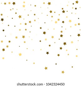 Abstract pattern of random falling gold stars on white background. Glitter pattern for banner, greeting card, Christmas and New Year card, invitation, postcard, paper packaging. Vector illustration