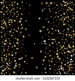 Abstract pattern of random falling gold stars on black background. Glitter pattern for banner, greeting card, Christmas and New Year card, invitation, postcard, paper packaging. Vector illustration