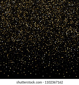 Abstract pattern of random falling gold stars on black background. Glitter pattern for banner, greeting card, Christmas and New Year card, invitation, postcard, paper packaging. Vector illustration