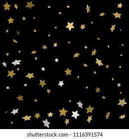 Abstract pattern of random falling gold stars on black background. Glitter pattern for banner, greeting card, Christmas and New Year card, invitation, postcard, paper packaging. Vector illustration