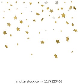 Abstract pattern of random falling gold stars on white background. Glitter template for banner, greeting card, Christmas and New Year card, invitation, postcard, paper packaging. Vector illustration.