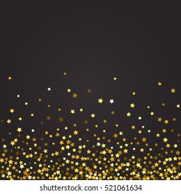 Abstract pattern of random falling gold stars on black background. Glitter pattern for banner, greeting card, Christmas and New Year card, invitation, postcard, paper packaging. Vector illustration