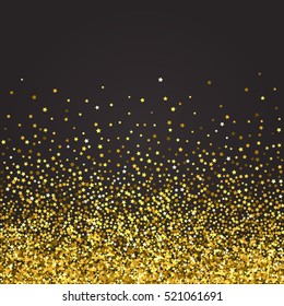 Abstract pattern of random falling gold stars on black background. Glitter pattern for banner, greeting card, Christmas and New Year card, invitation, postcard, paper packaging. Vector illustration