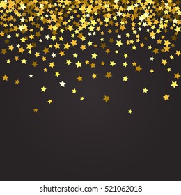 Abstract pattern of random falling gold stars on black background. Glitter pattern for banner, greeting card, Christmas and New Year card, invitation, postcard, paper packaging. Vector illustration