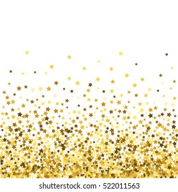 Abstract pattern of random falling gold stars on white background. Glitter pattern for banner, greeting card, Christmas and New Year card, invitation, postcard, paper packaging. Vector illustration