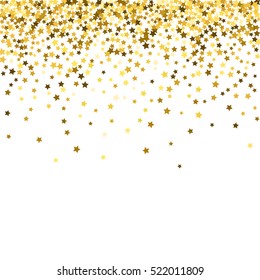 Abstract pattern of random falling gold stars on white background. Glitter pattern for banner, greeting card, Christmas and New Year card, invitation, postcard, paper packaging. Vector illustration