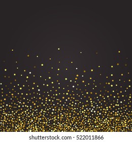 Abstract pattern of random falling gold stars on black background. Glitter pattern for banner, greeting card, Christmas and New Year card, invitation, postcard, paper packaging. Vector illustration