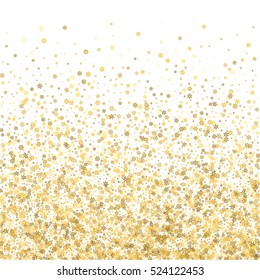 Abstract pattern of random falling gold snowflakes on white background. Glitter pattern for banner, greeting, Christmas and New Year card, invitation, postcard, paper packaging. Vector illustration.