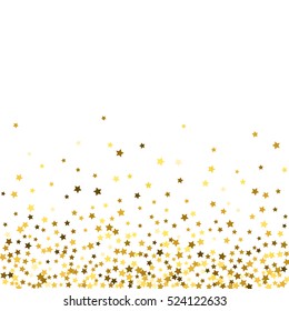 Abstract pattern of random falling gold stars on white background. Glitter pattern for banner, greeting card, Christmas and New Year card, invitation, postcard, paper packaging. Vector illustration.