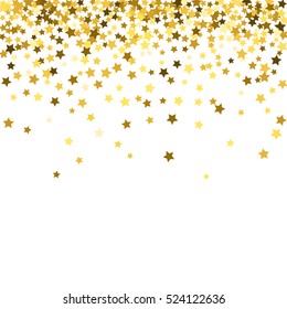 Abstract pattern of random falling gold stars on white background. Glitter pattern for banner, greeting card, Christmas and New Year card, invitation, postcard, paper packaging. Vector illustration.