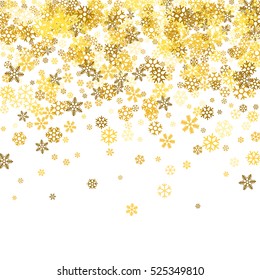 Abstract pattern of random falling gold snowflakes on white background. Glitter pattern for banner, greeting, Christmas and New Year card, invitation, postcard, paper packaging. Vector illustration