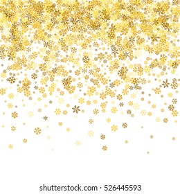 Abstract pattern of random falling gold snowflakes on white background. Glitter pattern for banner, greeting, Christmas and New Year card, invitation, postcard, paper packaging. Vector illustration