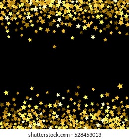 Abstract pattern of random falling gold stars on black background. Glitter template for banner, greeting card, Christmas and New Year card, invitation, postcard, paper packaging. Vector illustration