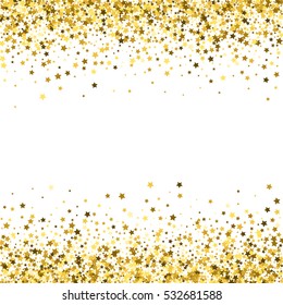 Abstract pattern of random falling gold stars on white background. Glitter template for banner, greeting card, Christmas and New Year card, invitation, postcard, paper packaging. Vector illustration.