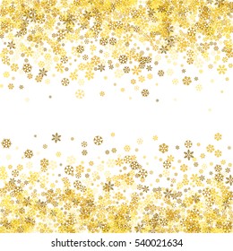 Abstract pattern of random falling gold snowflakes on white background. Glitter pattern for banner, greeting, Christmas and New Year card, invitation, postcard, paper packaging. Vector illustration.