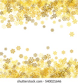 Abstract pattern of random falling gold snowflakes on white background. Glitter pattern for banner, greeting, Christmas and New Year card, invitation, postcard, paper packaging. Vector illustration.