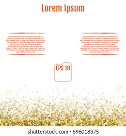 Abstract pattern of random falling gold stars on white background. Glitter pattern for banner, greeting card, Christmas and New Year card, invitation, postcard, paper packaging. Vector illustration