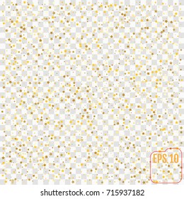 Abstract pattern of random falling gold stars on white background. Glitter template for banner, greeting card, Christmas and New Year card, invitation, postcard, paper packaging. Vector illustration.