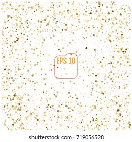 Abstract pattern of random falling gold stars on white background. Glitter template for banner, greeting card, Christmas and New Year card, invitation, postcard, paper packaging. Vector illustration.