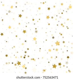 Abstract pattern of random falling gold stars on white background. Glitter pattern for banner, greeting card, Christmas and New Year card, invitation, postcard, paper packaging. Vector illustration.