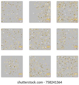 Abstract pattern of random falling gold stars on white background. Glitter pattern for banner, greeting card, Christmas and New Year card, invitation, postcard, paper packaging. Set of Vectors