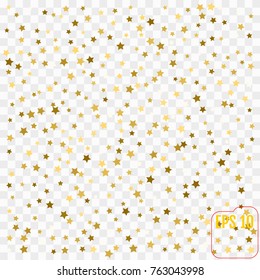 Abstract pattern of random falling gold stars. Glitter template for banner, greeting card, Christmas and New Year card, invitation, postcard, paper packaging. Vector illustration.