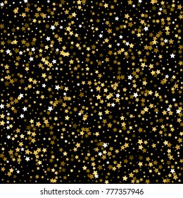 Abstract pattern of random falling gold stars on black background. Glitter pattern for banner, greeting card, Christmas and New Year card, invitation, postcard, paper packaging. Vector illustration