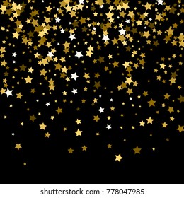 Abstract pattern of random falling gold stars on black background. Glitter pattern for banner, greeting card, Christmas and New Year card, invitation, postcard, paper packaging.