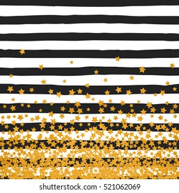 Abstract pattern of random falling golden stars on trendy striped background. Elegant pattern for banner, greeting card, Christmas card, invitation, postcard, paper packaging. Vector illustration