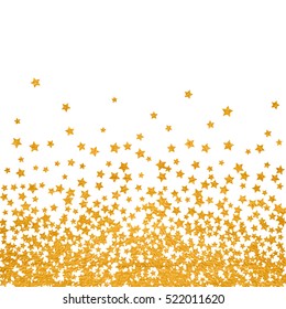 Abstract pattern of random falling golden stars on white background. Elegant pattern for banner, greeting card, Christmas and New Year card, invitation, postcard, paper packaging. Vector illustration