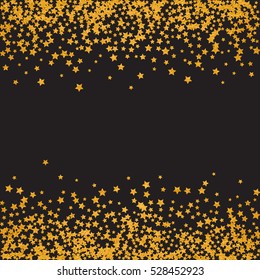 Abstract pattern of random falling golden stars on black background. Elegant pattern for banner, greeting card, Christmas and New Year card, invitation, postcard, paper packaging. Vector illustration