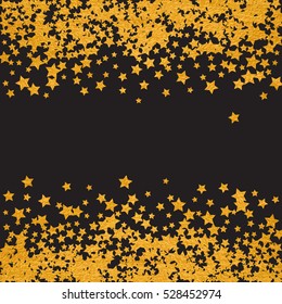 Abstract pattern of random falling golden stars on black background. Elegant pattern for banner, greeting card, Christmas and New Year card, invitation, postcard, paper packaging. Vector illustration