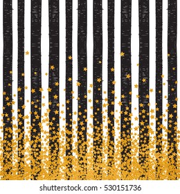 Abstract pattern of random falling golden stars on trendy striped background. Elegant pattern for banner, greeting card, Christmas card, invitation, postcard, paper packaging. Vector illustration