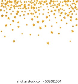 Abstract pattern of random falling golden stars on white background. Elegant pattern for banner, greeting card, Christmas and New Year card, invitation, postcard, paper packaging. Vector illustration.