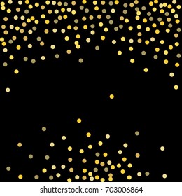 Abstract pattern of random falling golden stars on a black background. Glitter for banner, greeting card, Christmas and New Year greeting card, invitation, greeting card, paper packing. 